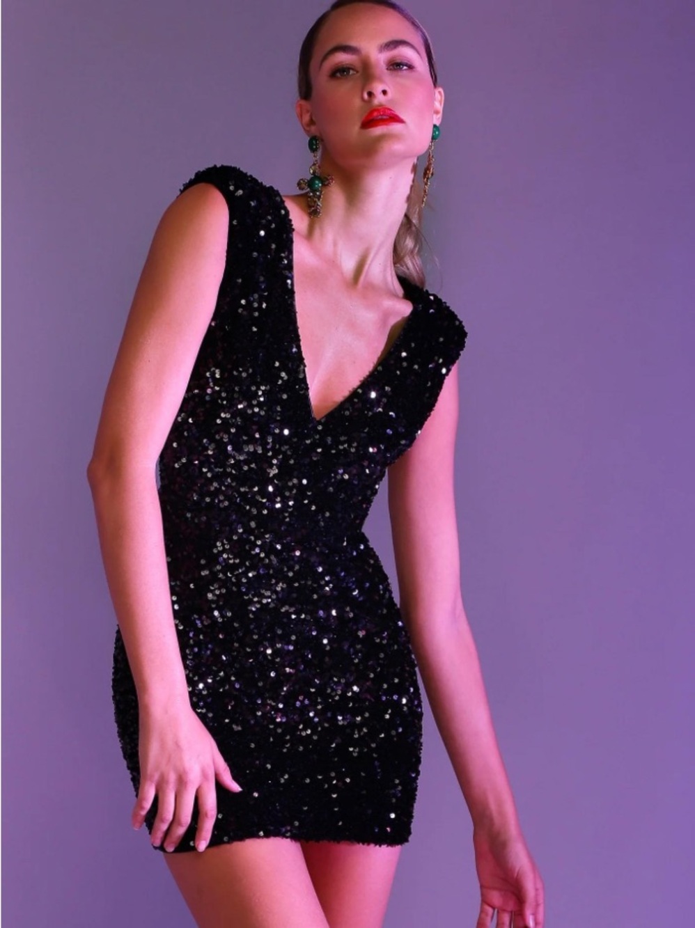 Helsi Jodi Plunging Neckline Padded Shoulder Sequin Mini Dress Black Size XS NWT - Picture 2 of 7